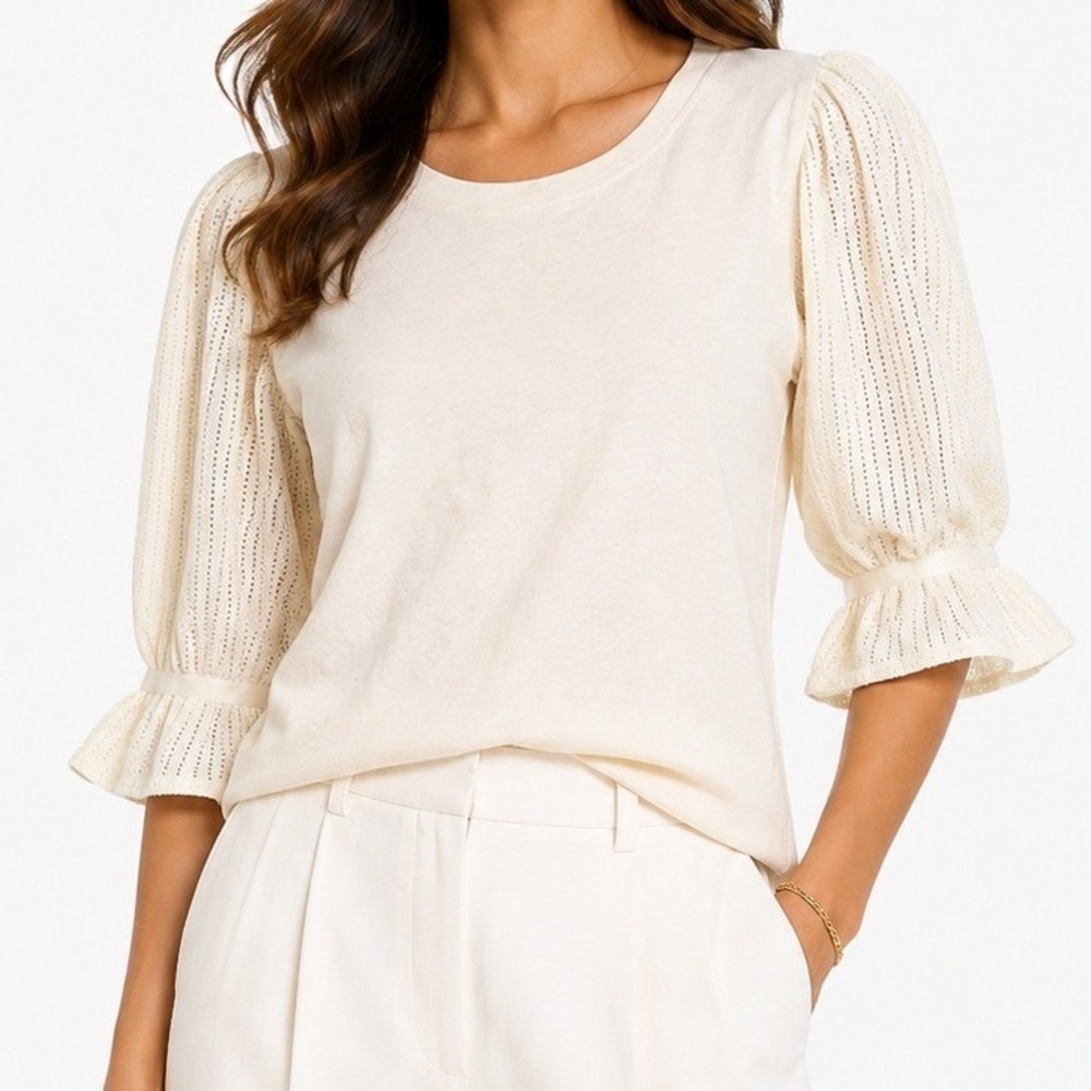 ME+EM Pointelle Sleeve Peplum Top Cream Cotton Linen Ruffle UK12/US 8
